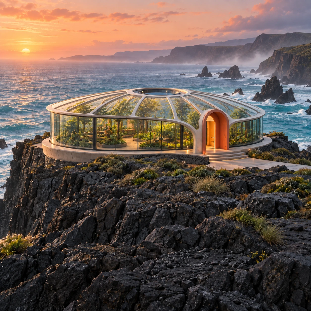 Greenhouse variation for the AI Image Generator on Jev AI, with a transparent roof and dense plants in a circular coastal building