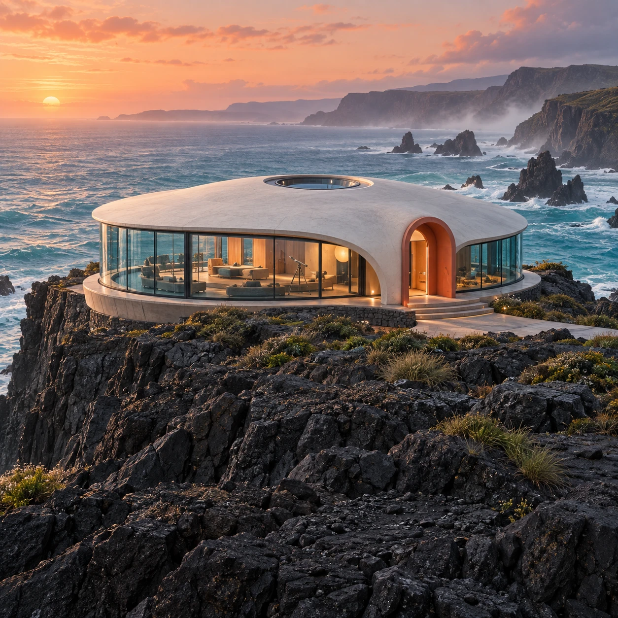 Coastal concept for the AI Image Generator on Jev AI: an ivory observatory with an orange doorway overlooking the sea at dawn