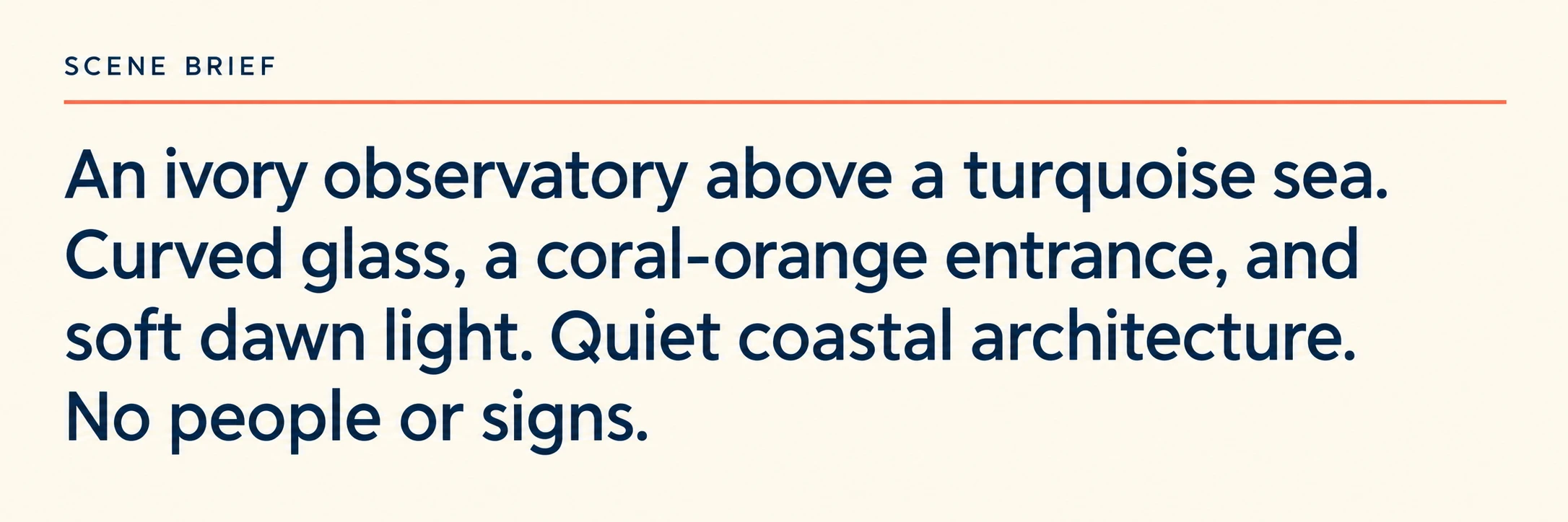 Prompt example for the AI Image Generator on Jev AI: an ivory observatory, turquoise sea, and orange entrance at dawn