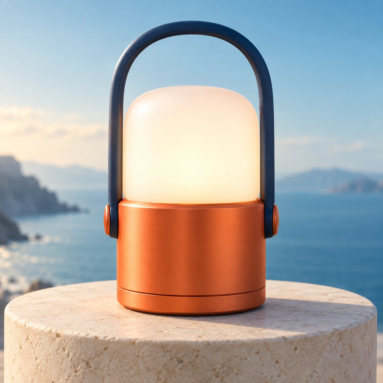 Product concept for the AI Image Generator on Jev AI: an orange lantern with a navy handle and warm white light beside the sea