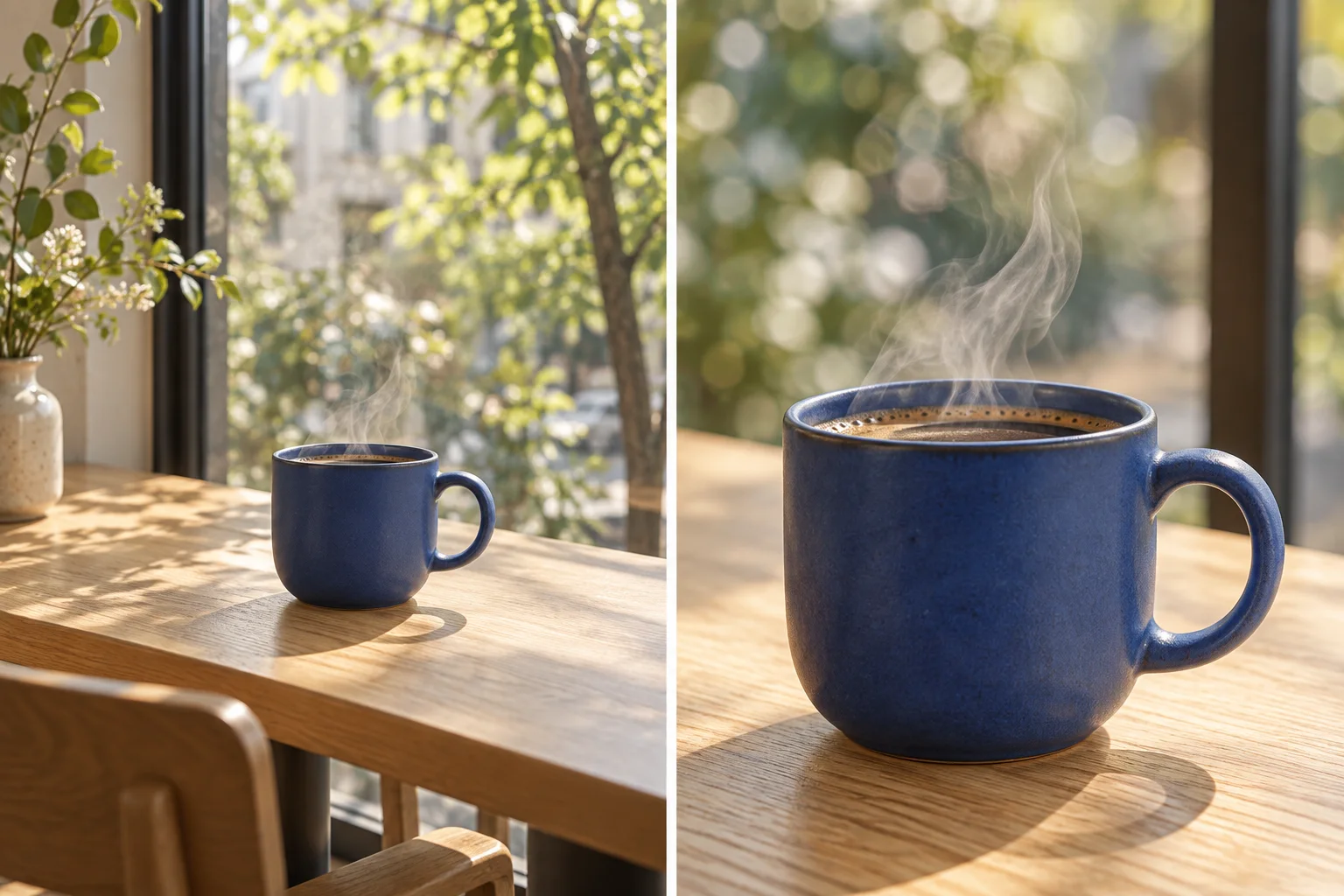 Reference frame concept for the AI Video Generator on Jev AI: matching wide and close views of a blue coffee cup with rising steam
