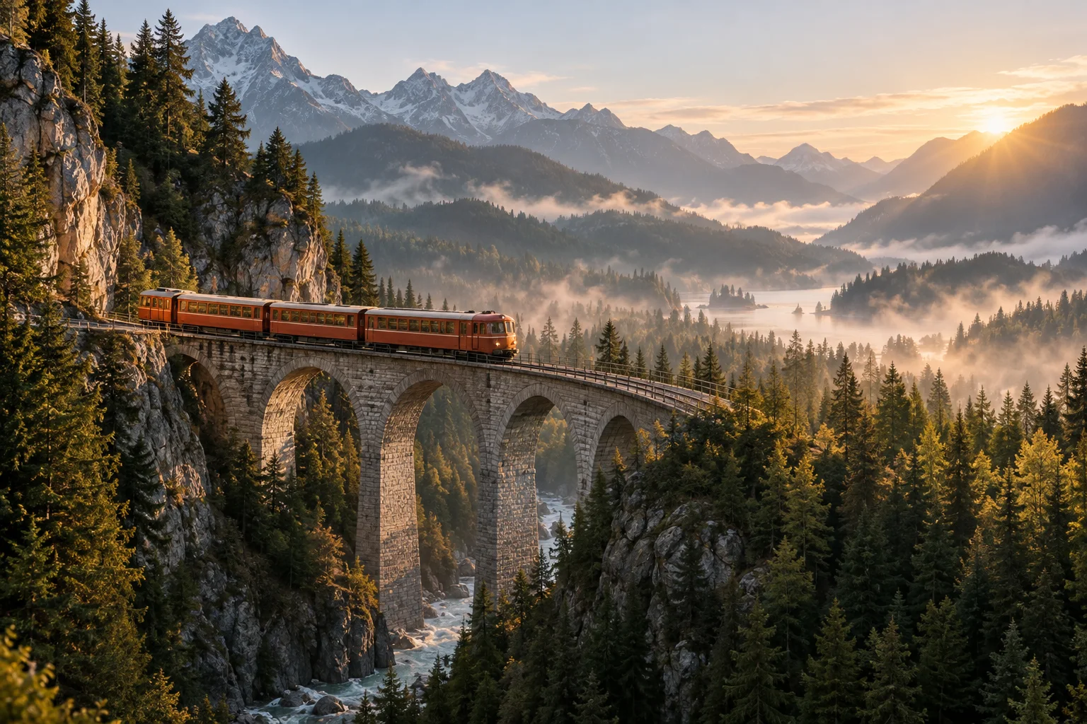Text prompt concept for the AI Video Generator on Jev AI: an orange train crossing a stone viaduct in a misty mountain valley