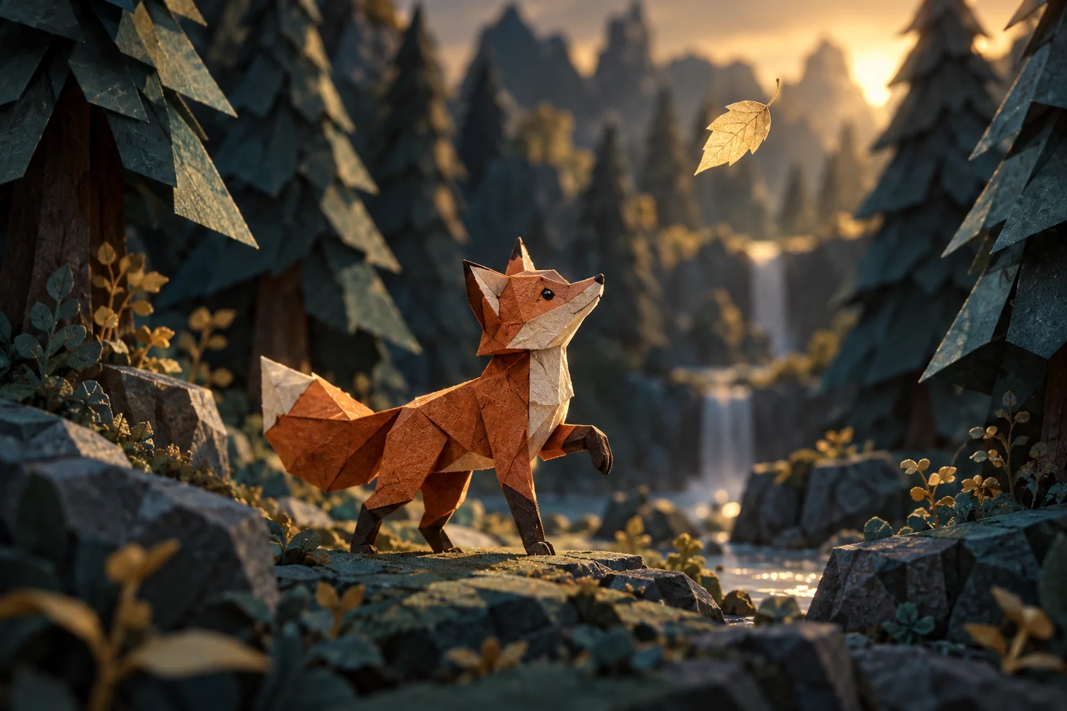 Animation concept for the AI Video Generator on Jev AI: an orange paper fox following a golden leaf through a teal paper forest