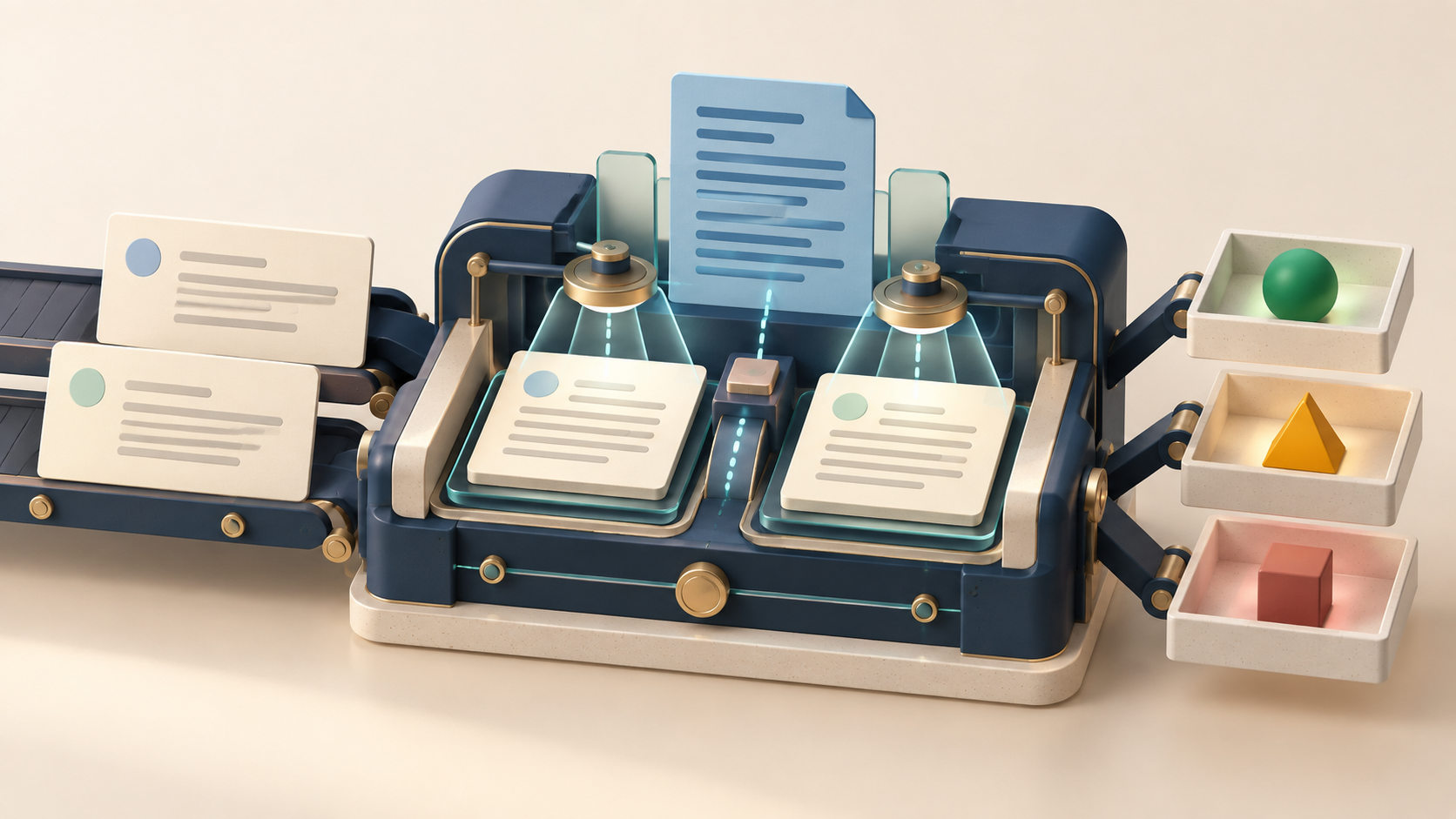 An evaluation machine compares AI answer cards with reference material and sorts them into three review outcomes