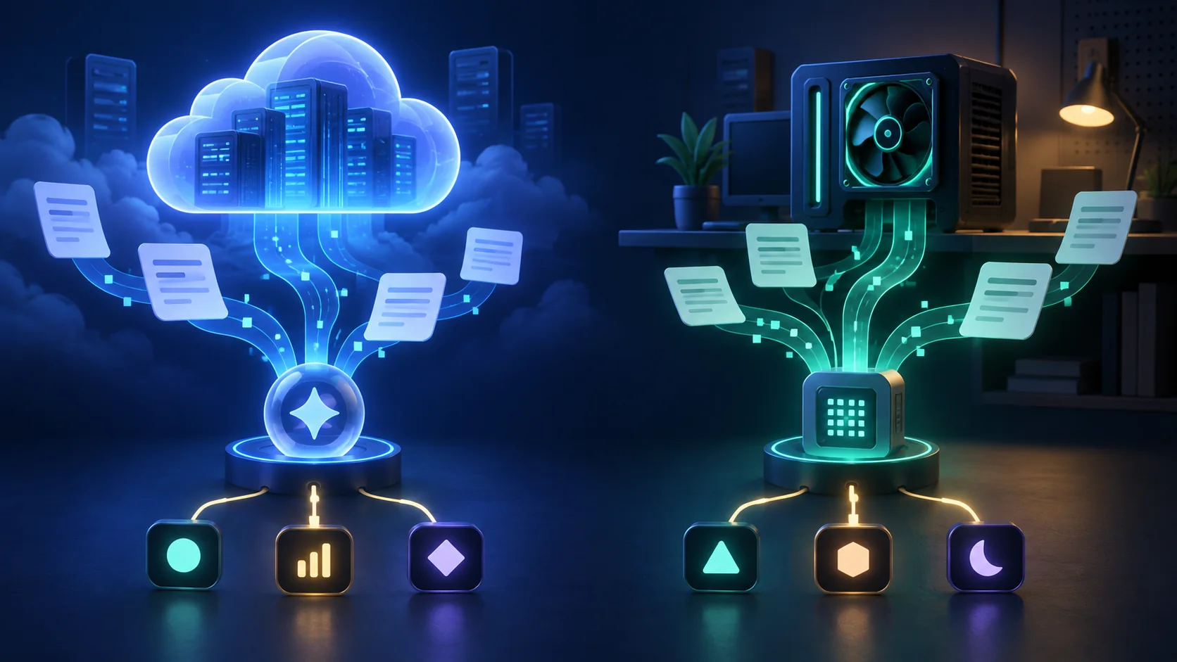 Illustration comparing a hosted cloud decision service with a locally operated GPU decision model