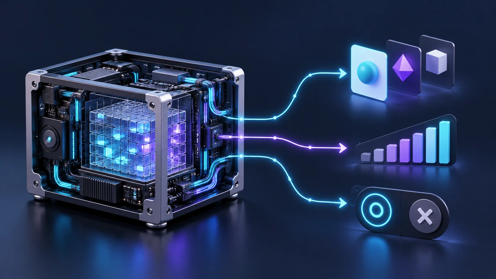 Open-frame local compute engine sending three glowing paths to a choice, ordered score, and yes-or-no decision