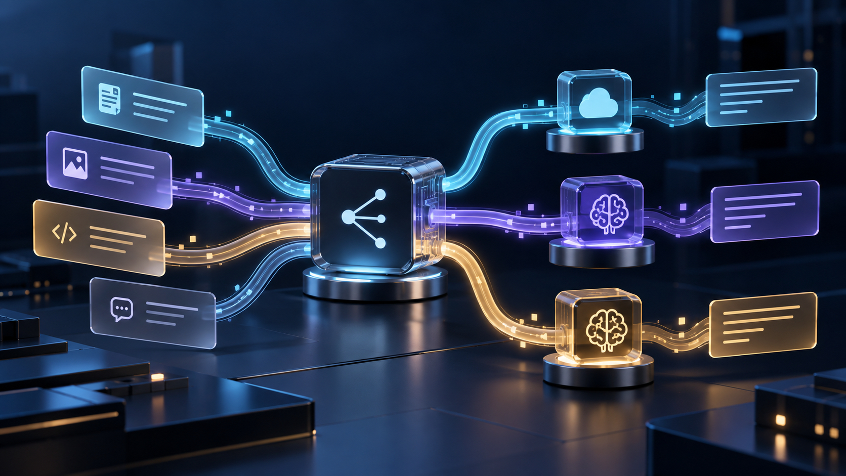 An AI routing hub sends different chat tasks toward lightweight, balanced, and deeper model paths