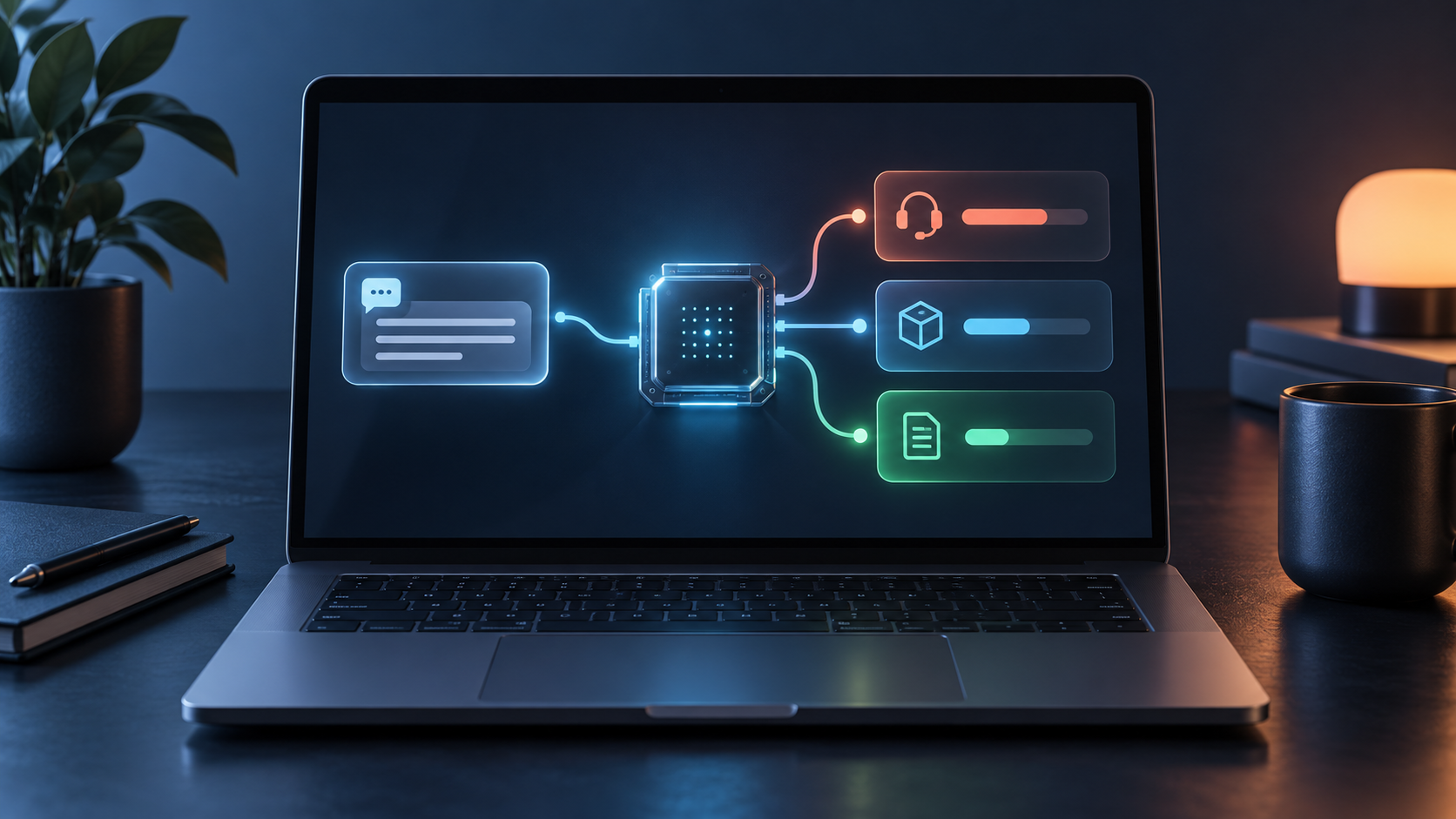 Laya MLX concept showing a short message entering a local laptop decision model and returning three routing probabilities