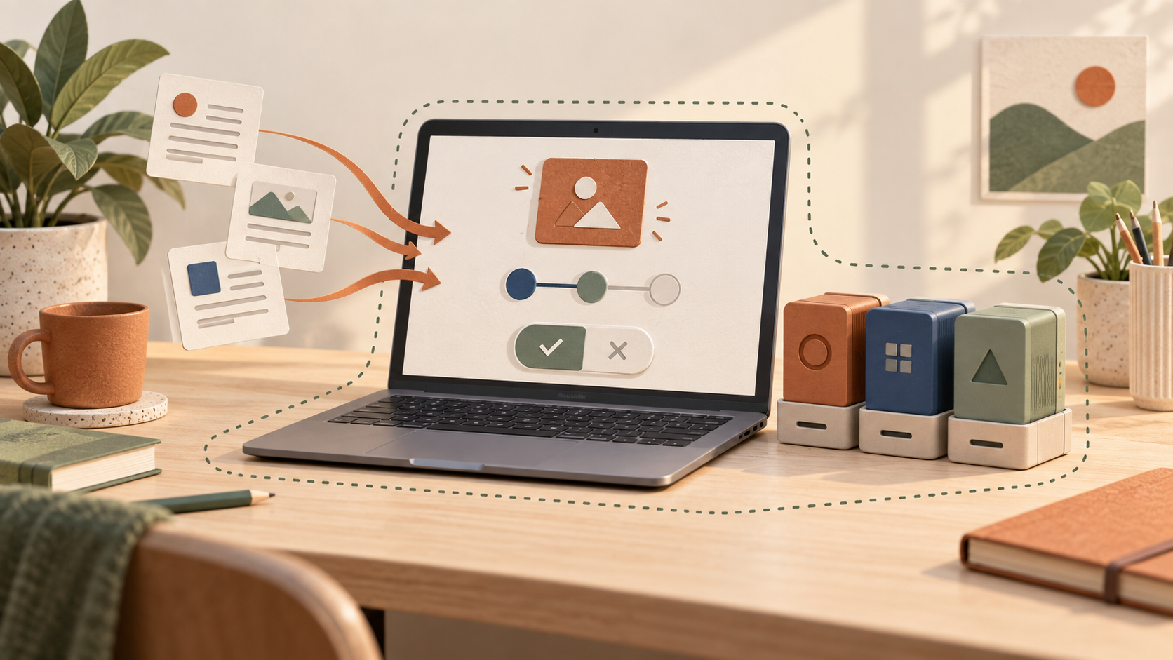 Ollaya concept illustration of a laptop running interchangeable local models and returning a category, score, and yes-or-no decision