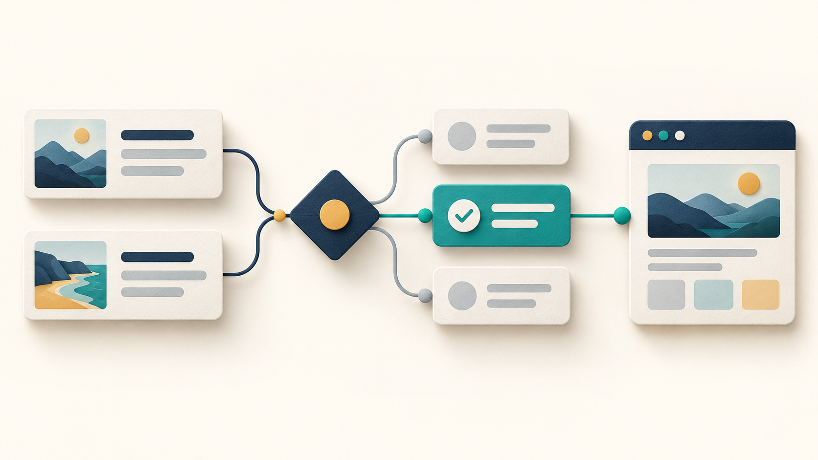 OpenAI Decision API concept illustration showing text and image context flowing into a fixed choice and an application workflow