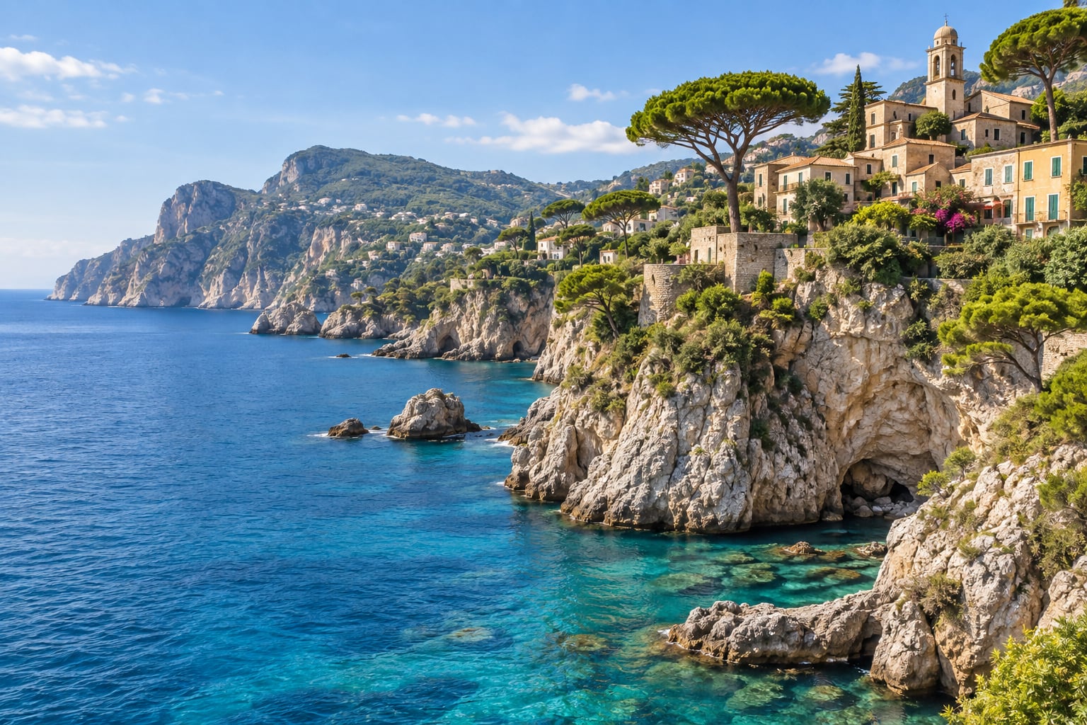 Mediterranean coastline with turquoise water and a hillside village, original image