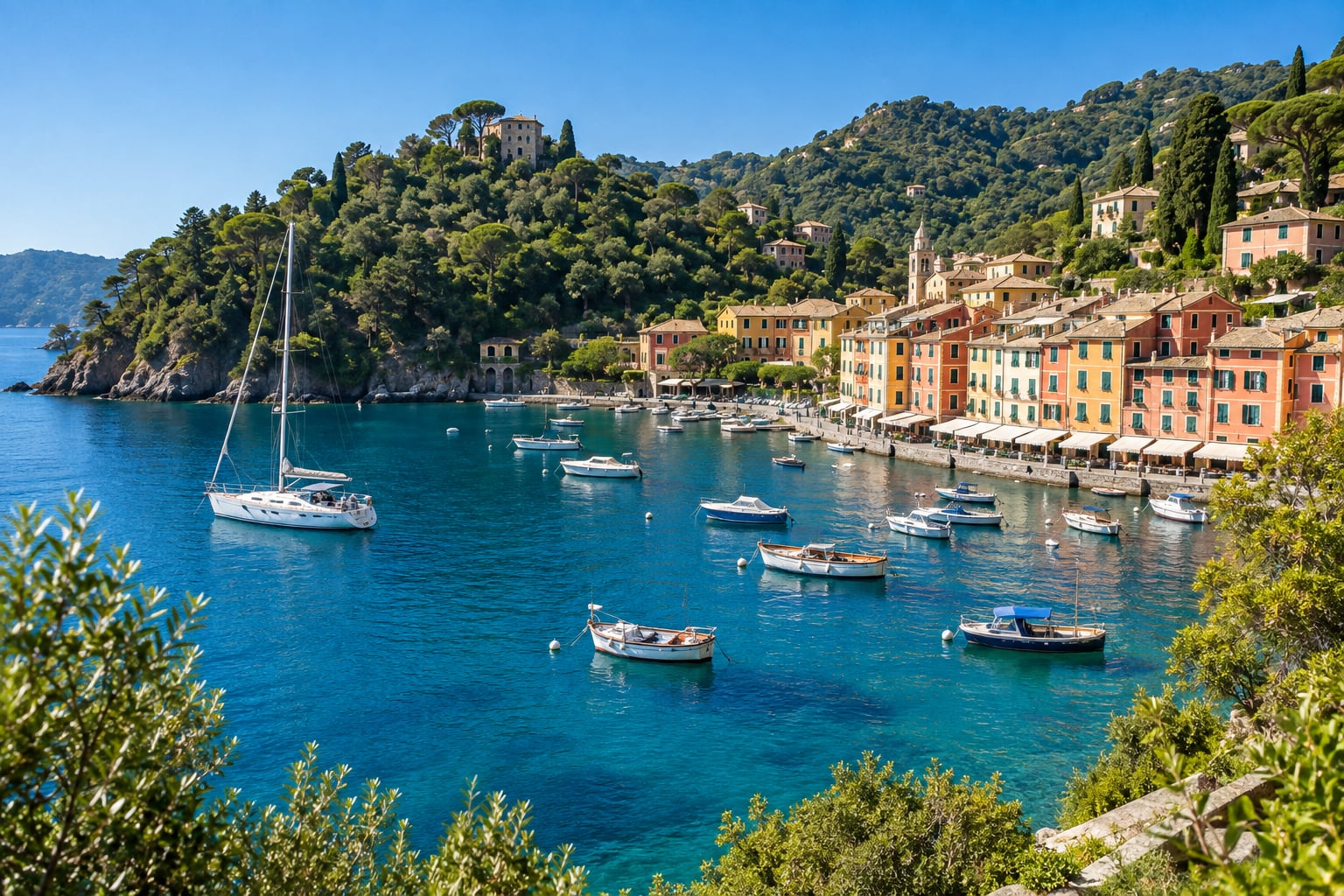 Colorful Mediterranean harbor with boats on clear blue water, original image