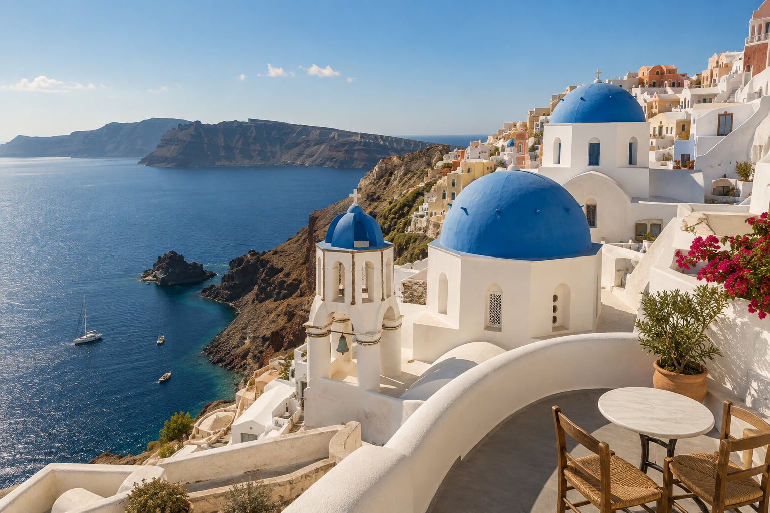 White buildings in Santorini overlooking the blue sea, original image
